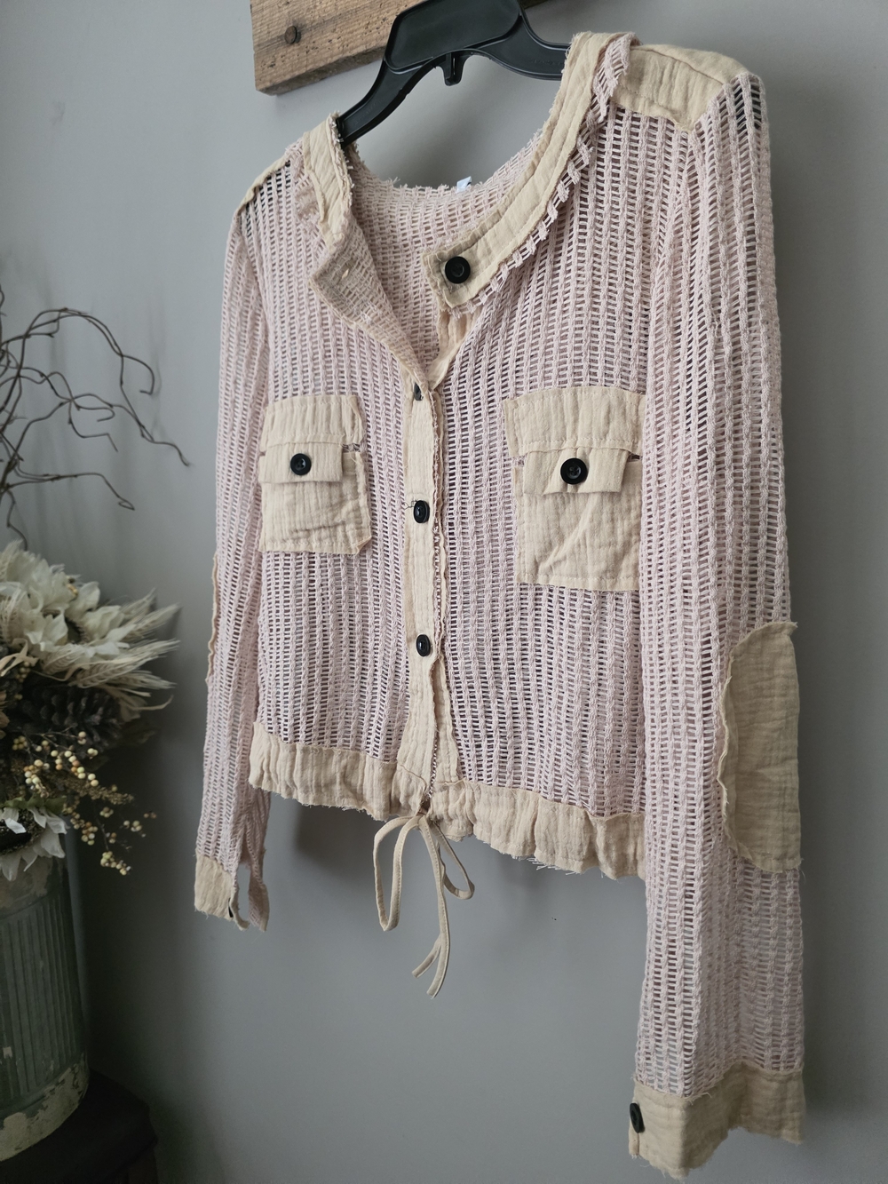 Light Pink Open-Weave Button Front Cardigan with Beige Trim